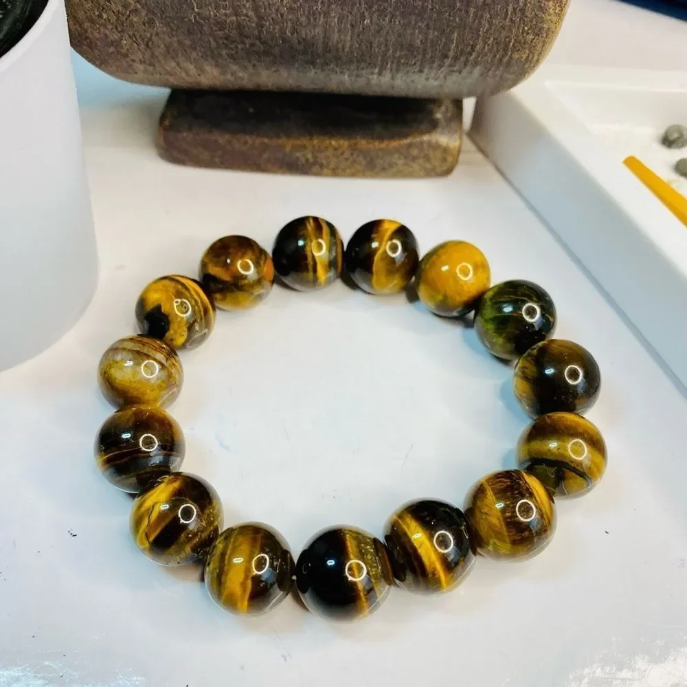 Natural Yellow Tiger's Eye Large Bead Gemstone Bracelet 14mm